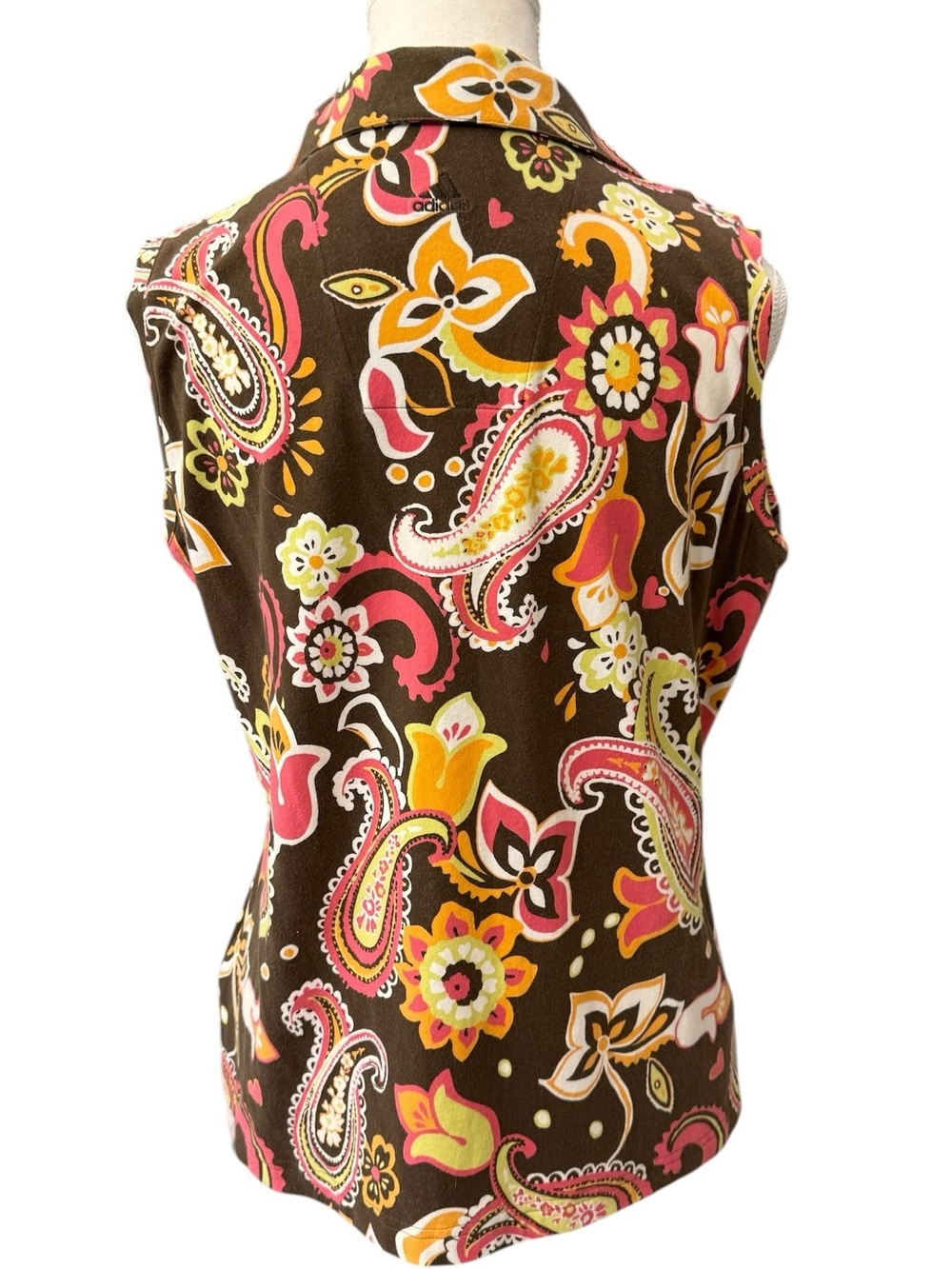 Adidas Paisley Floral Sleeveless Golf Polo Top L Retro Sporty Chic Stretch - Picture 3 of 10